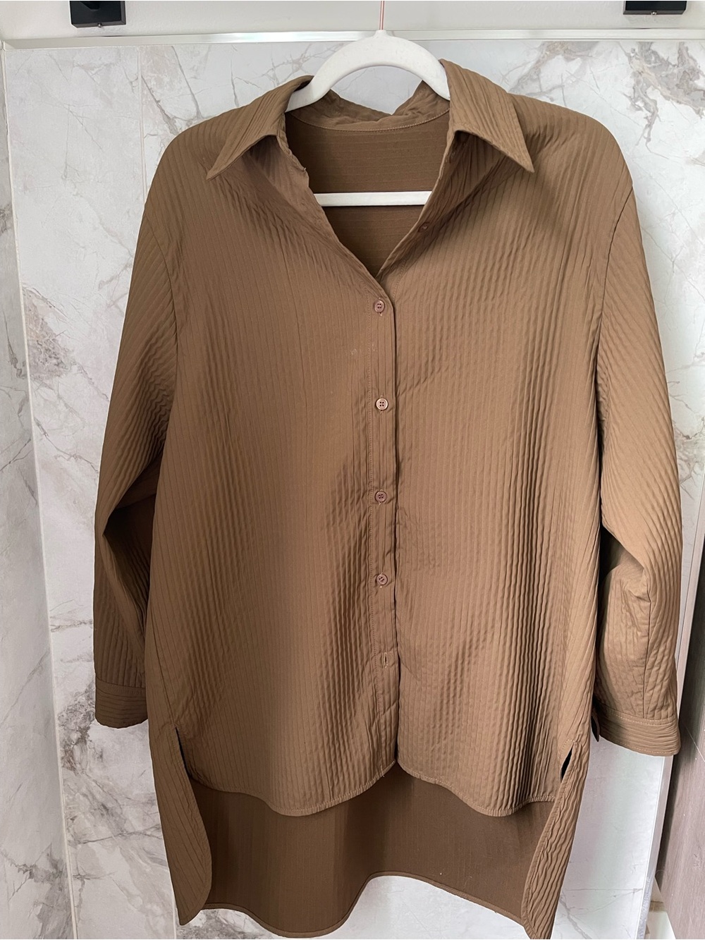 Brown Textured Button-Up Tunic Shirt